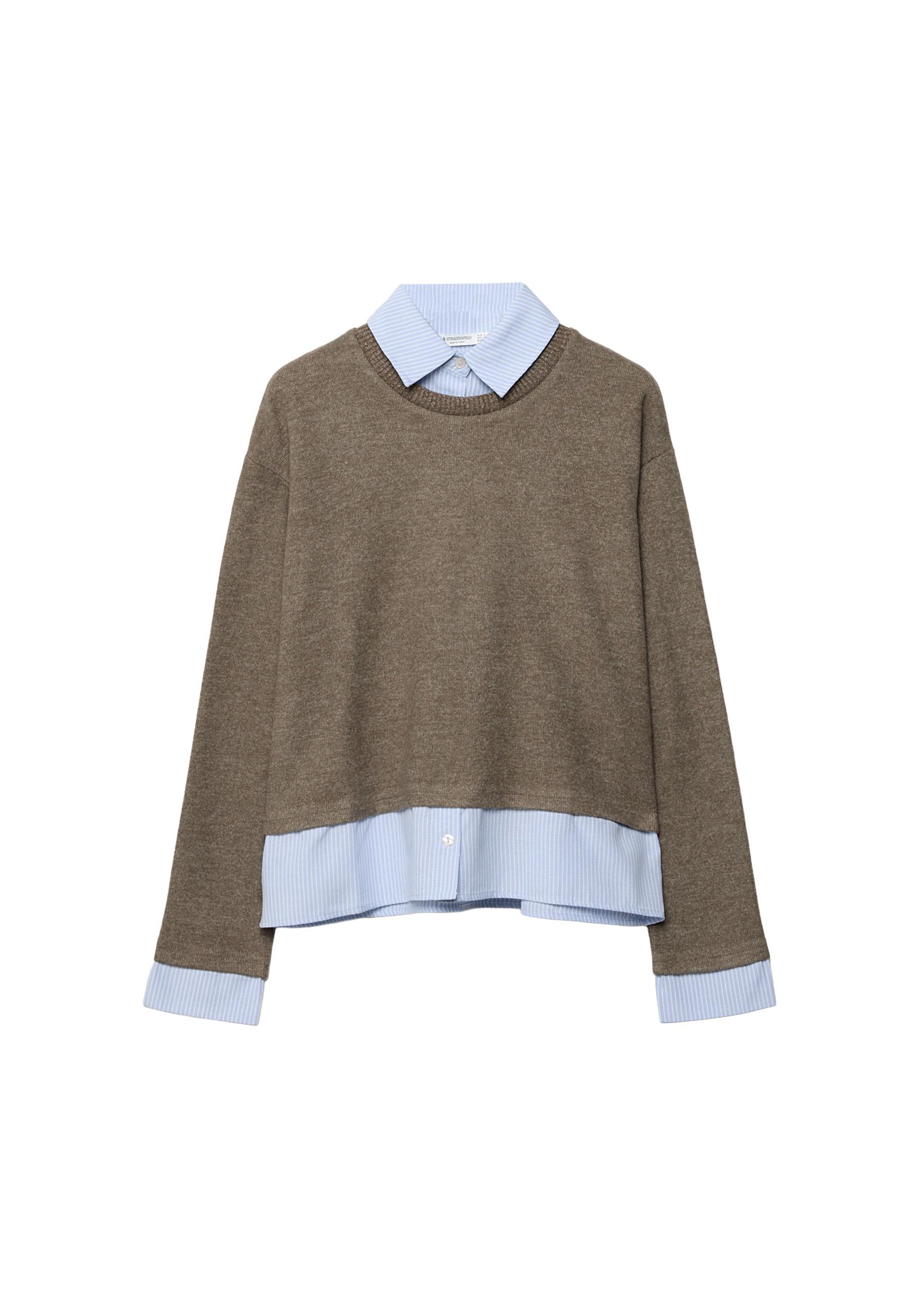 Bi-material knit T-shirt — Brown