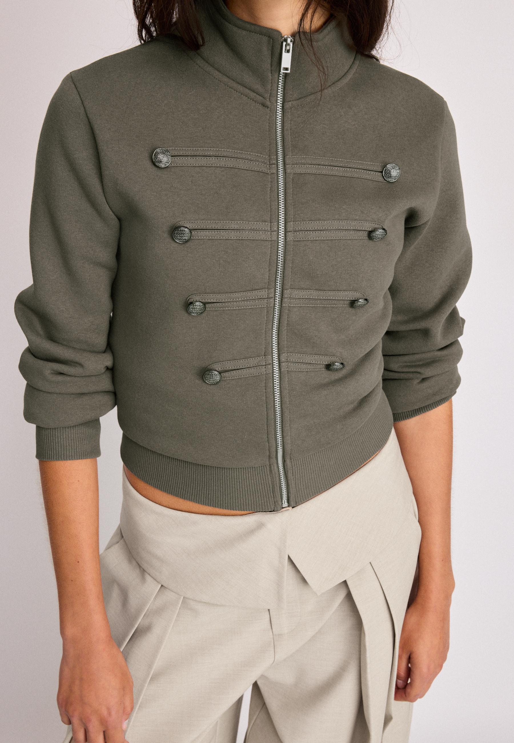 Metal Button Zip-Up Sweatshirt — Khaki