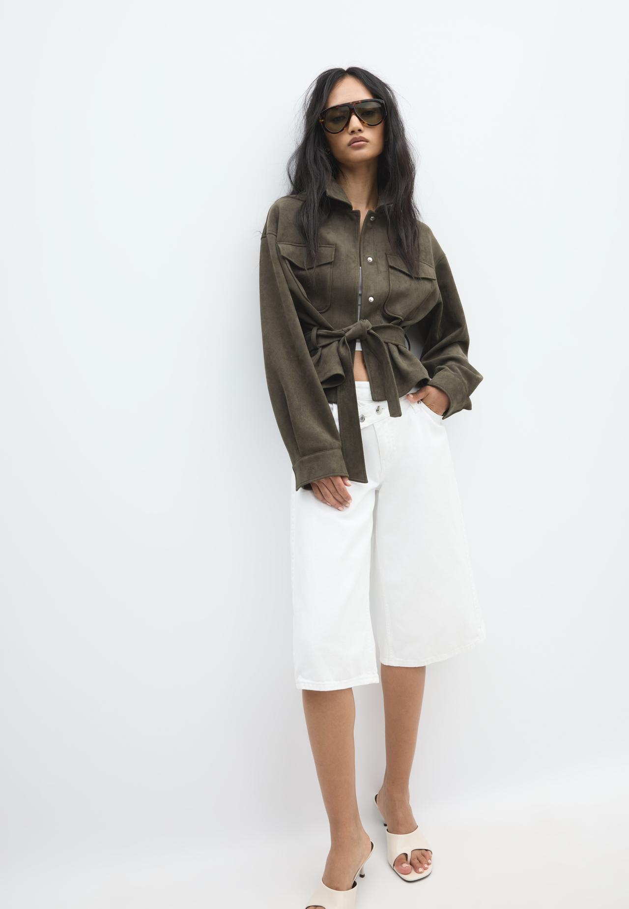 Cropped faux suede jacket — Khaki