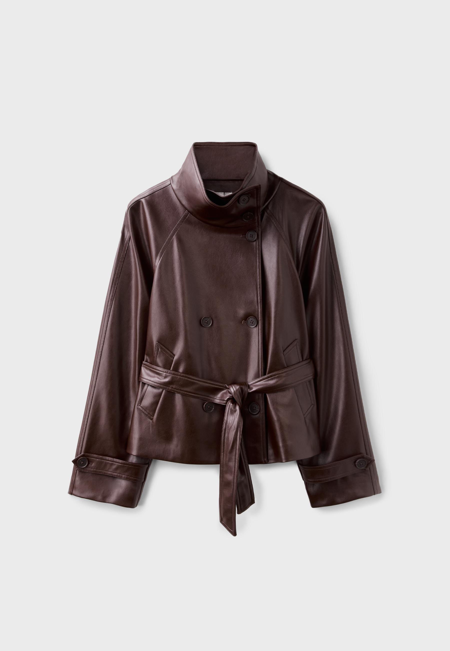 High neck leather effect trench coat — Brown