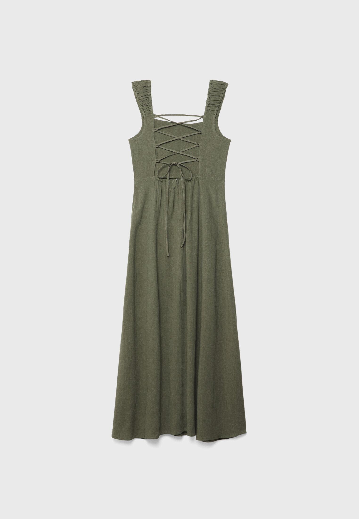 Linen-look cross-back midi dress — Khaki