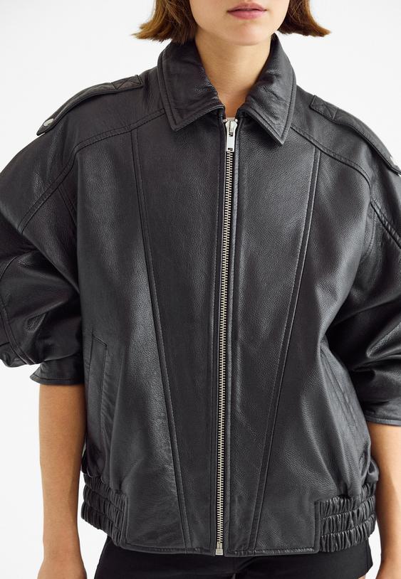 Stradivarius Oversize Leather Jacket Black Xs