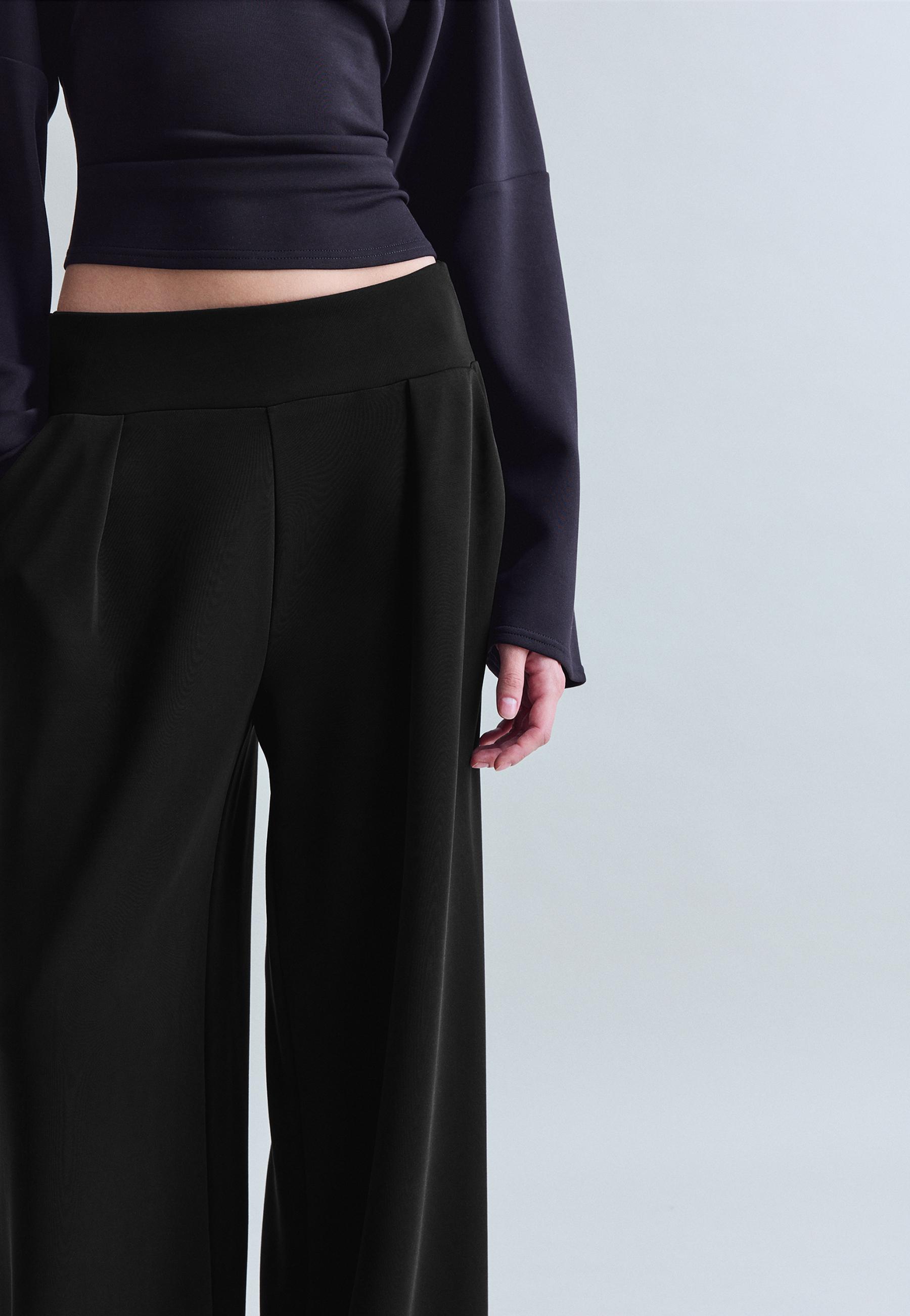 Soft-touch wide-leg trousers with darts — Black