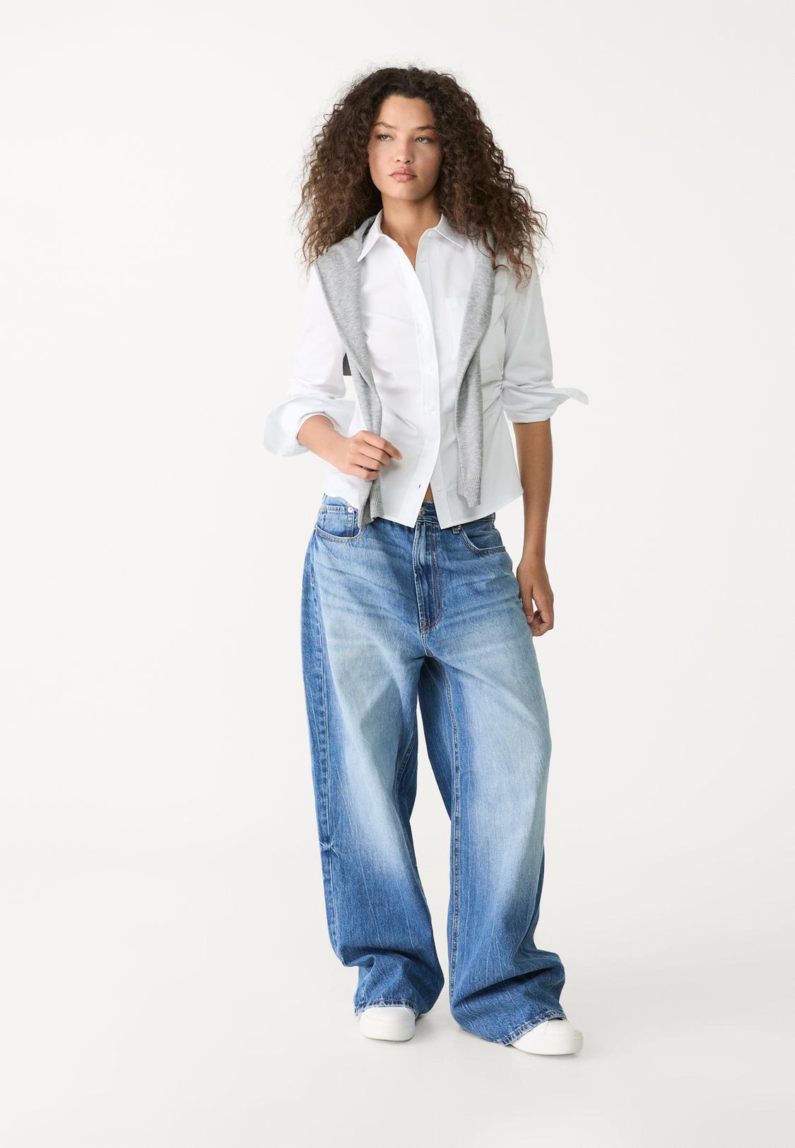 Jeans Camisa Perlas Stradivarius Camisa Fitted Frunce Bolsillo