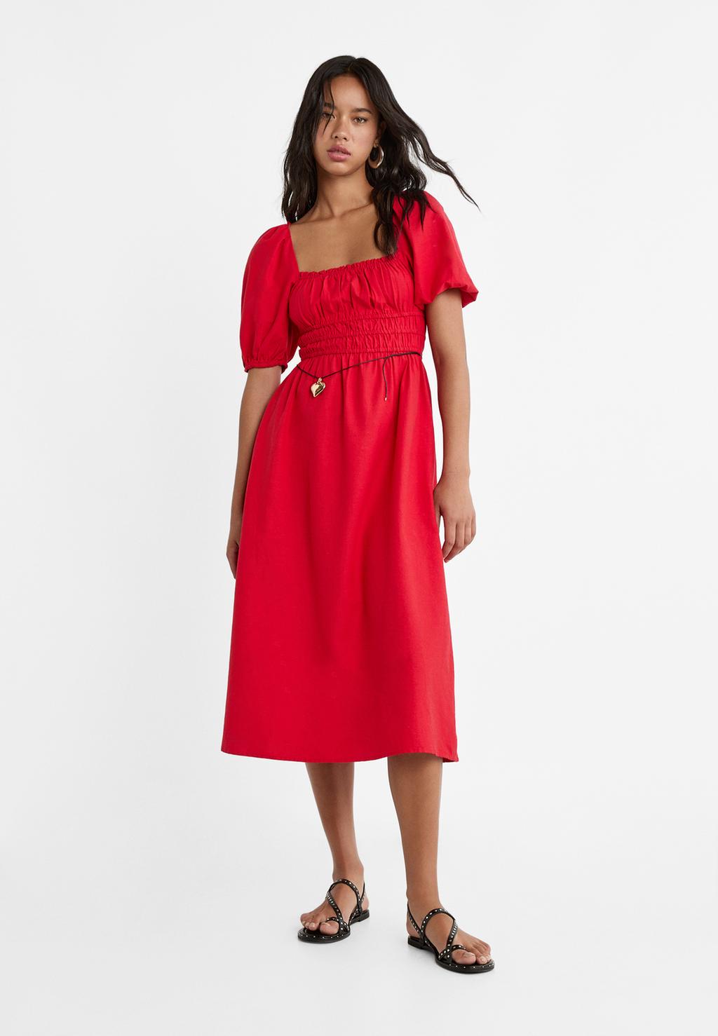 Flowing linen blend midi dress with puff sleeves