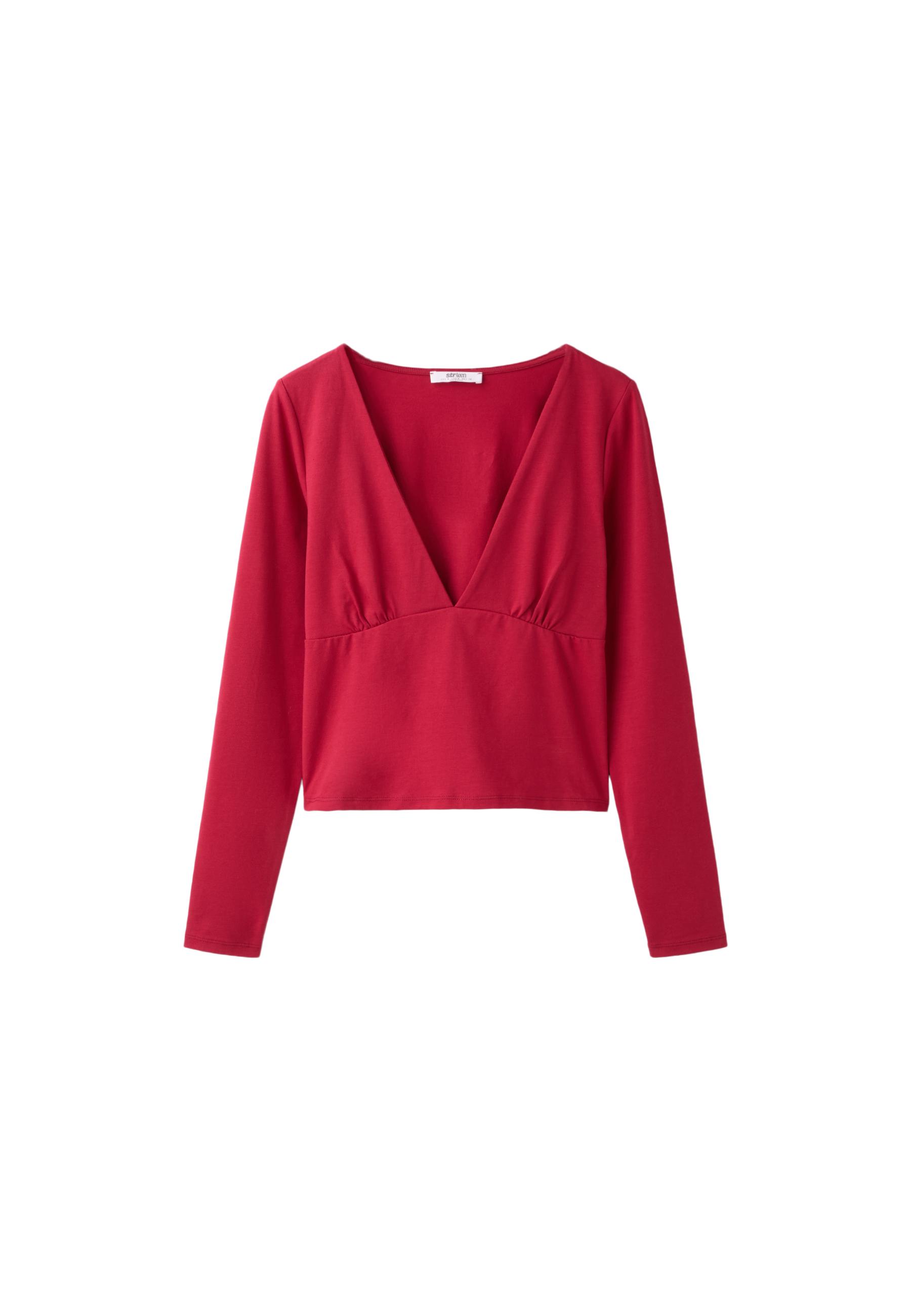 Under-bust cut long sleeve T-shirt — Red