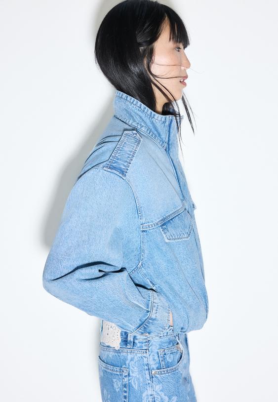 Stradivarius Veste En Jean Ballon Denim Bleu Moyen Clair Délavé Xl