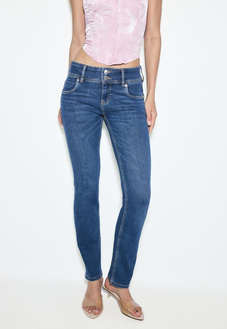 Stradivarius Blugi Slim Talie Joasă Efect Prespălat Denim Albastru Mediu 44