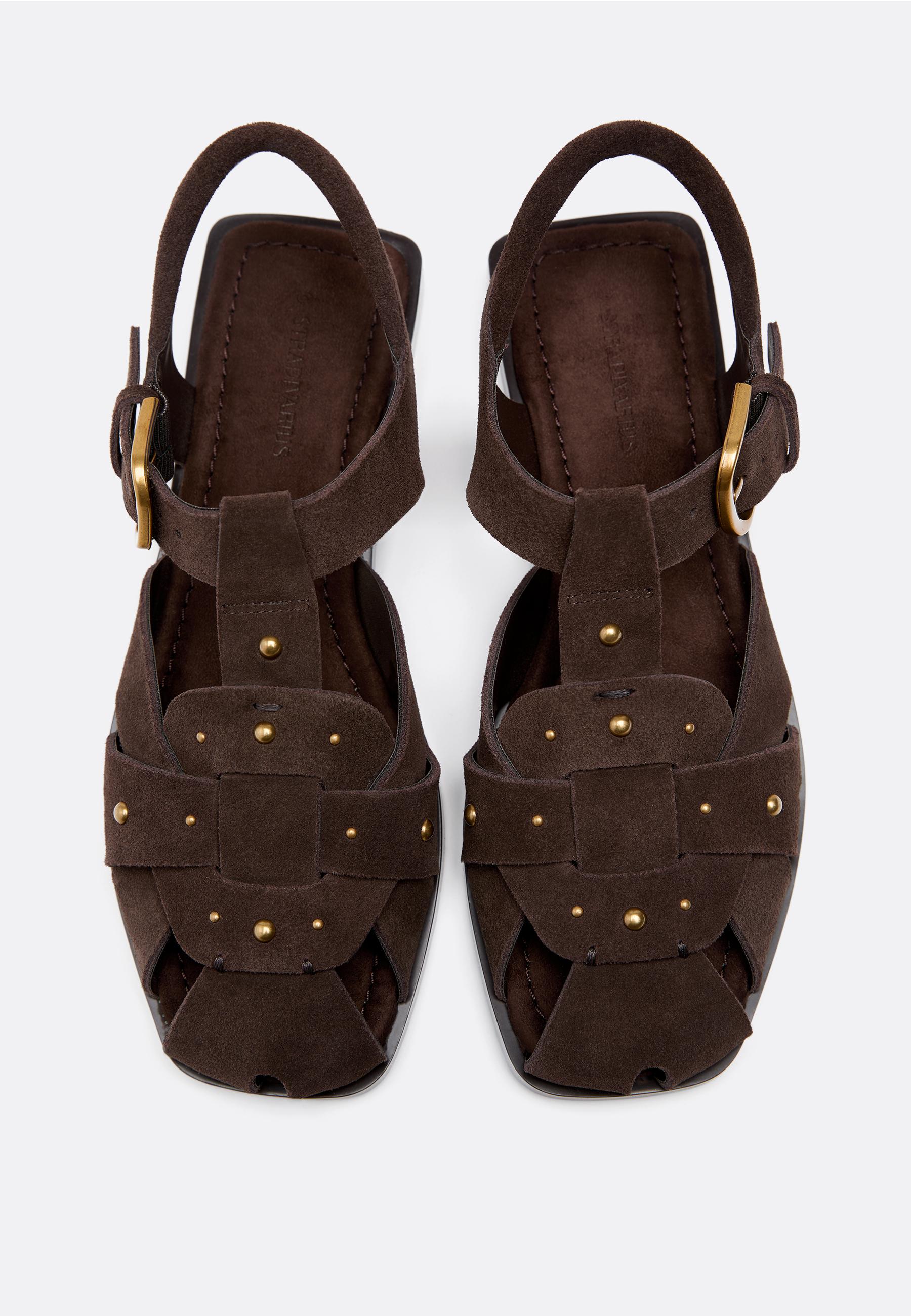 Studded leather cage sandals — BROWN
