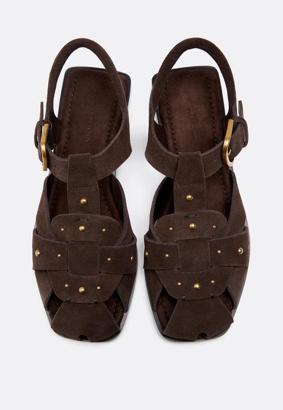 Stradivarius Studded Leather Cage Sandals Brown 7