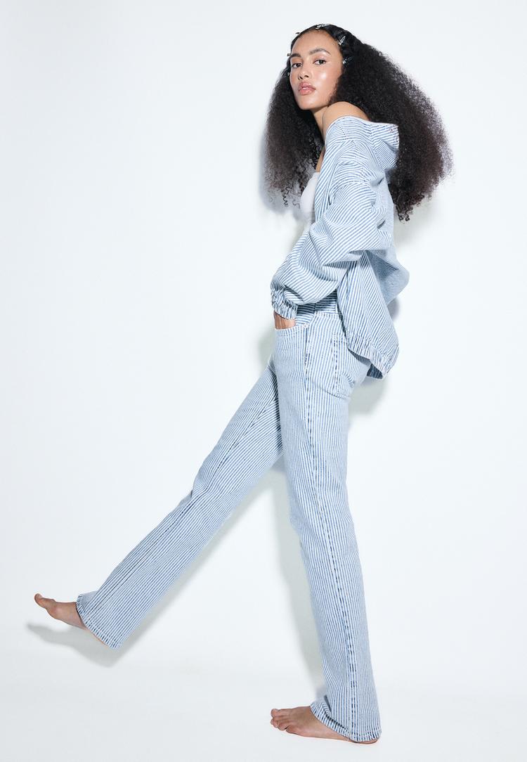 Stradivarius D98 Blugi Straight Fit Efect Prespălat Gri Denim 38