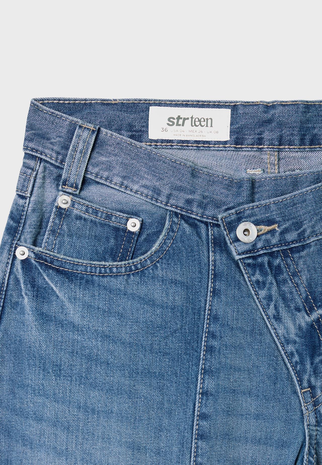 Barrel-leg jeans with crossover waist — MEDIUM BLUE DENIM