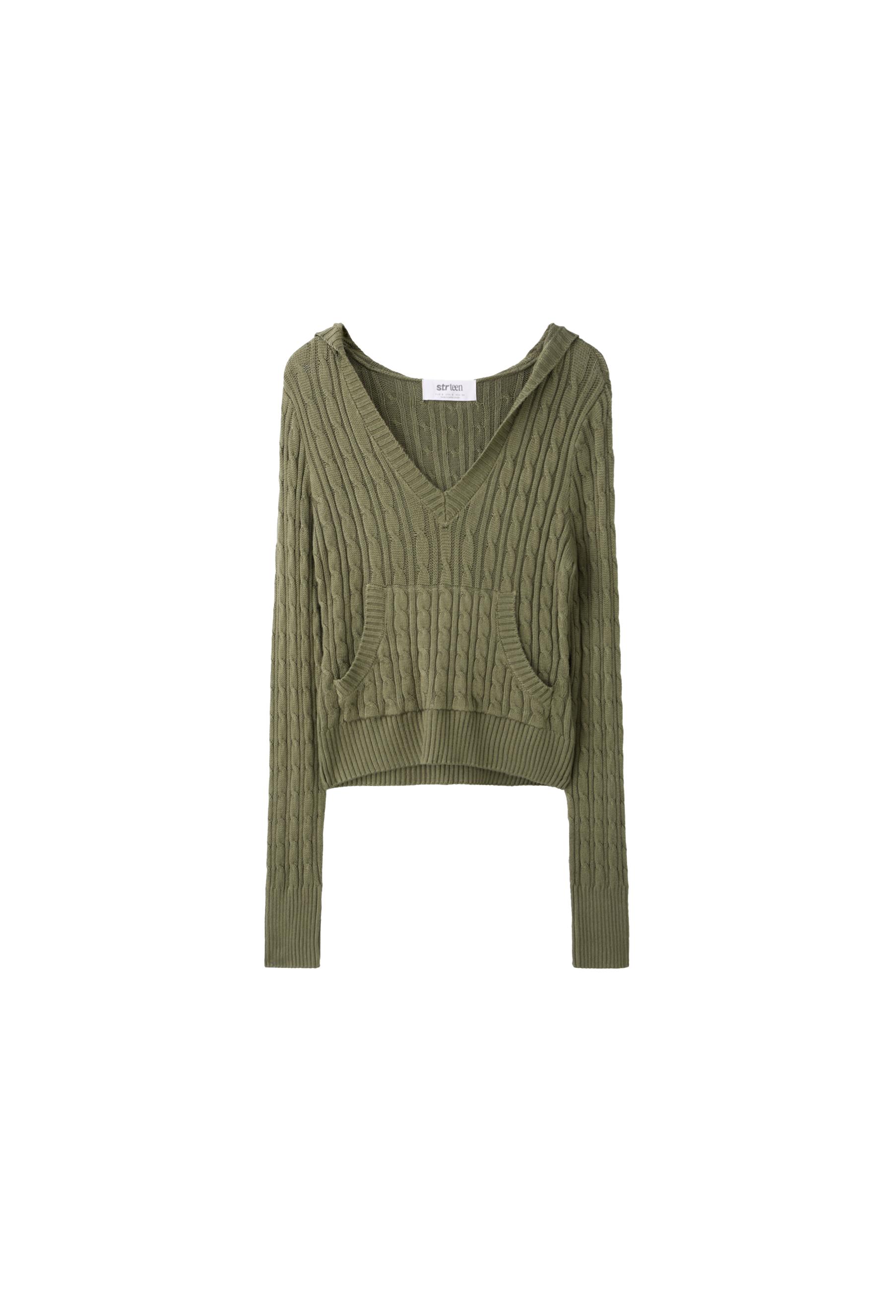 Hooded cable-knit jumper — Khaki