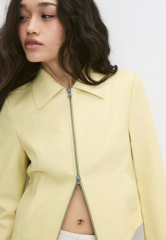 Stradivarius Fitted Leather Effect Jacket Pastel Yellow M