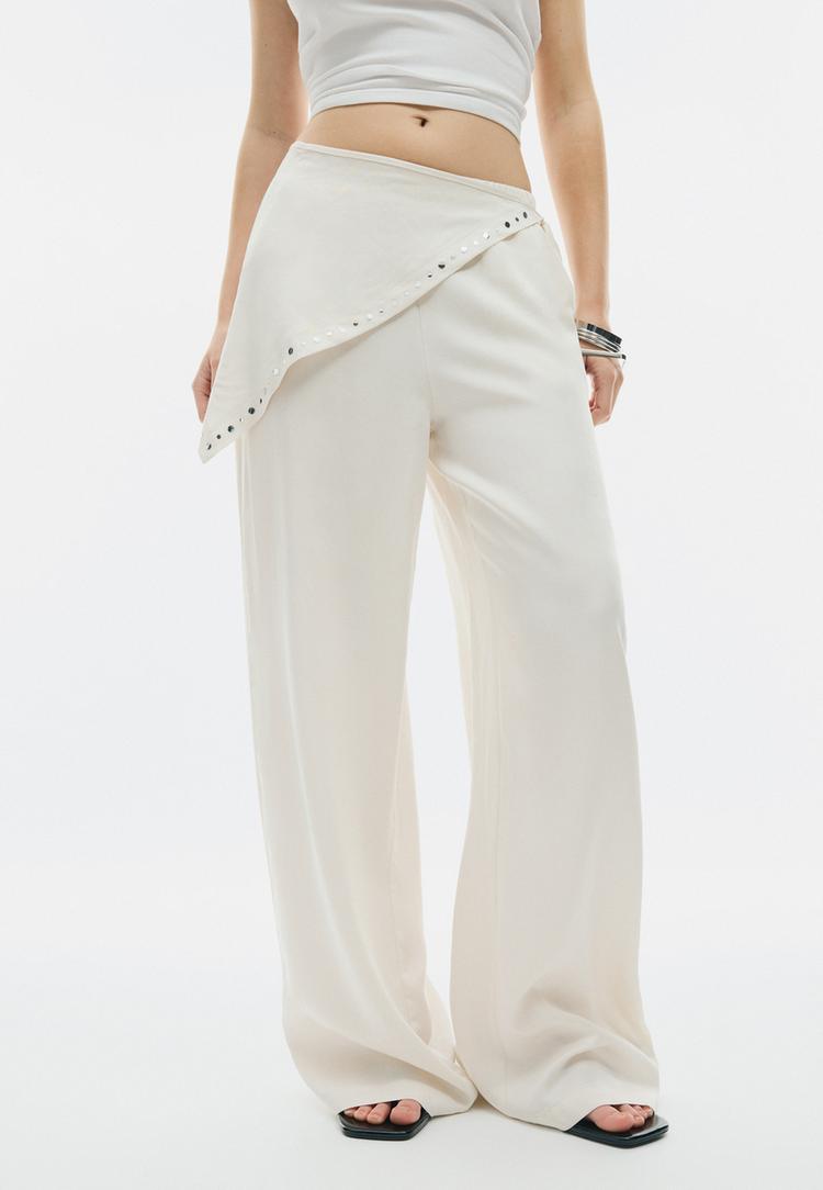 Stradivarius Παντελόνι Tencel Με Μαντήλι Εκρού L