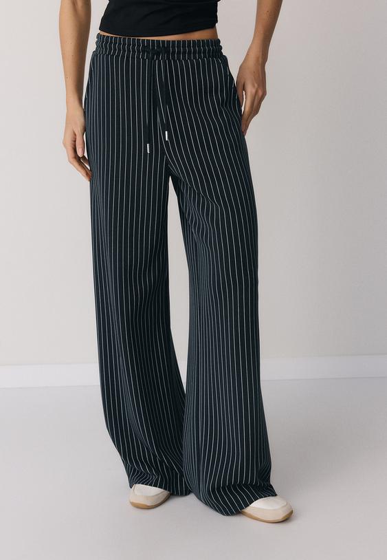 Stradivarius Soft-Touch Striped Palazzo Jogger Trousers Dark Grey S
