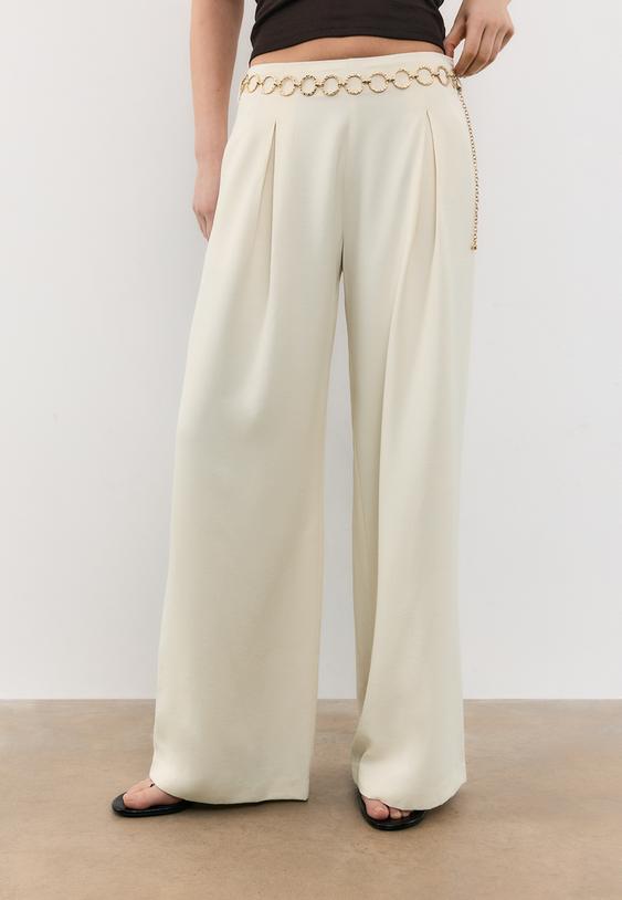 Stradivarius Satin Trousers With Chain Detail Ecru 6