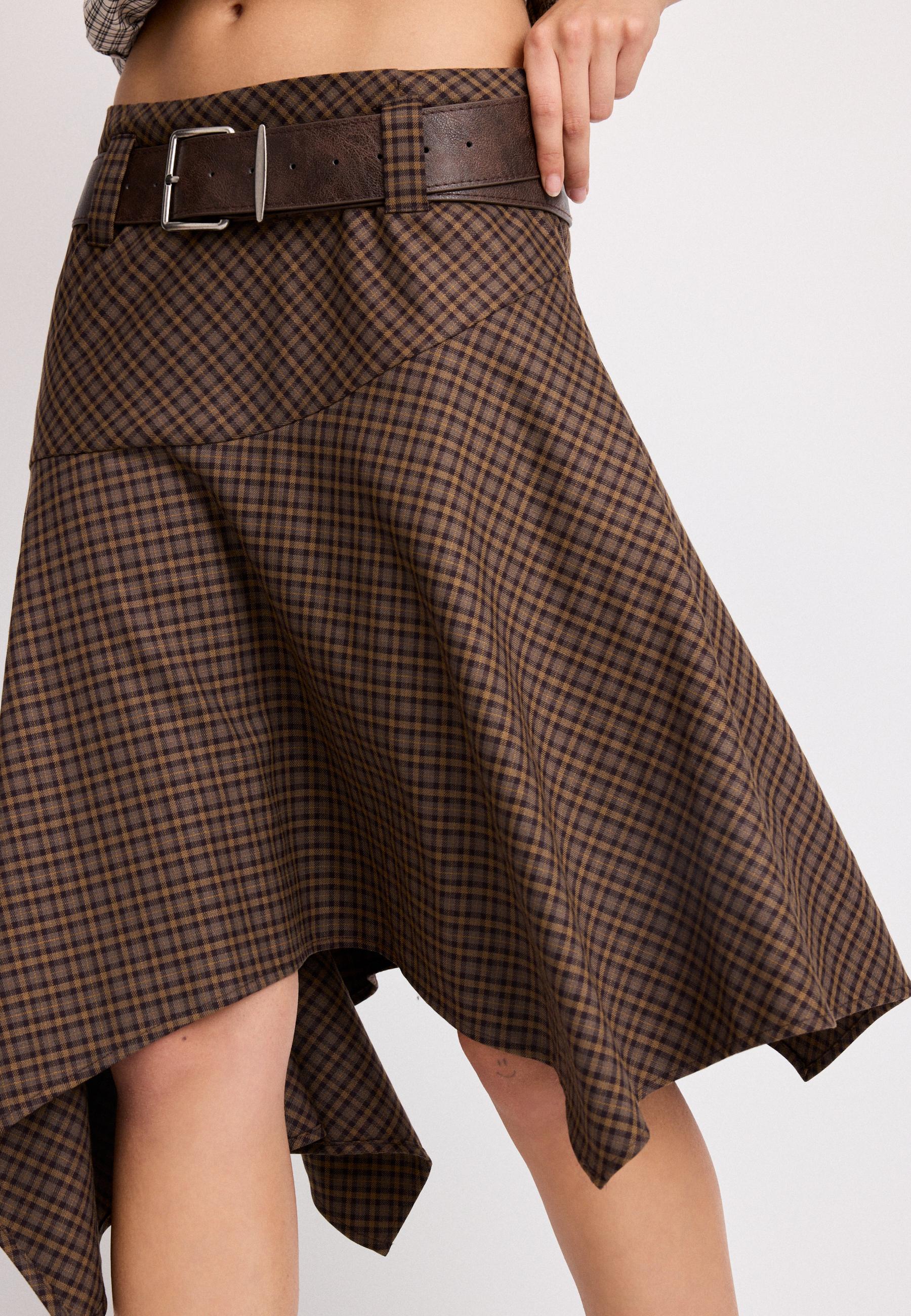 Check skirt with belt — Beige