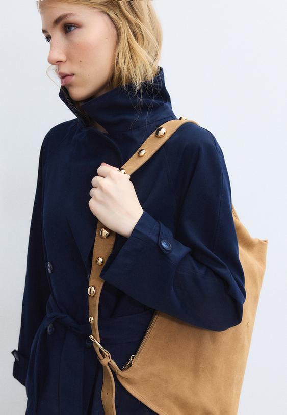 Stradivarius Studded Flat Shoulder Bag, 100% Leather Beige Os