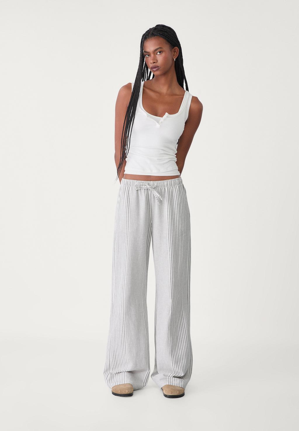 Flowing striped linen blend trousers