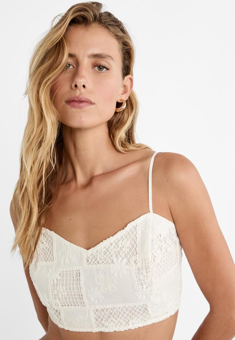 Stradivarius Top Cu Decolteu Inimă Și Broderie Alb Xs