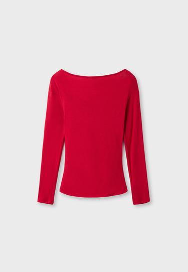 Crossover boat neck T-shirt — Red 8