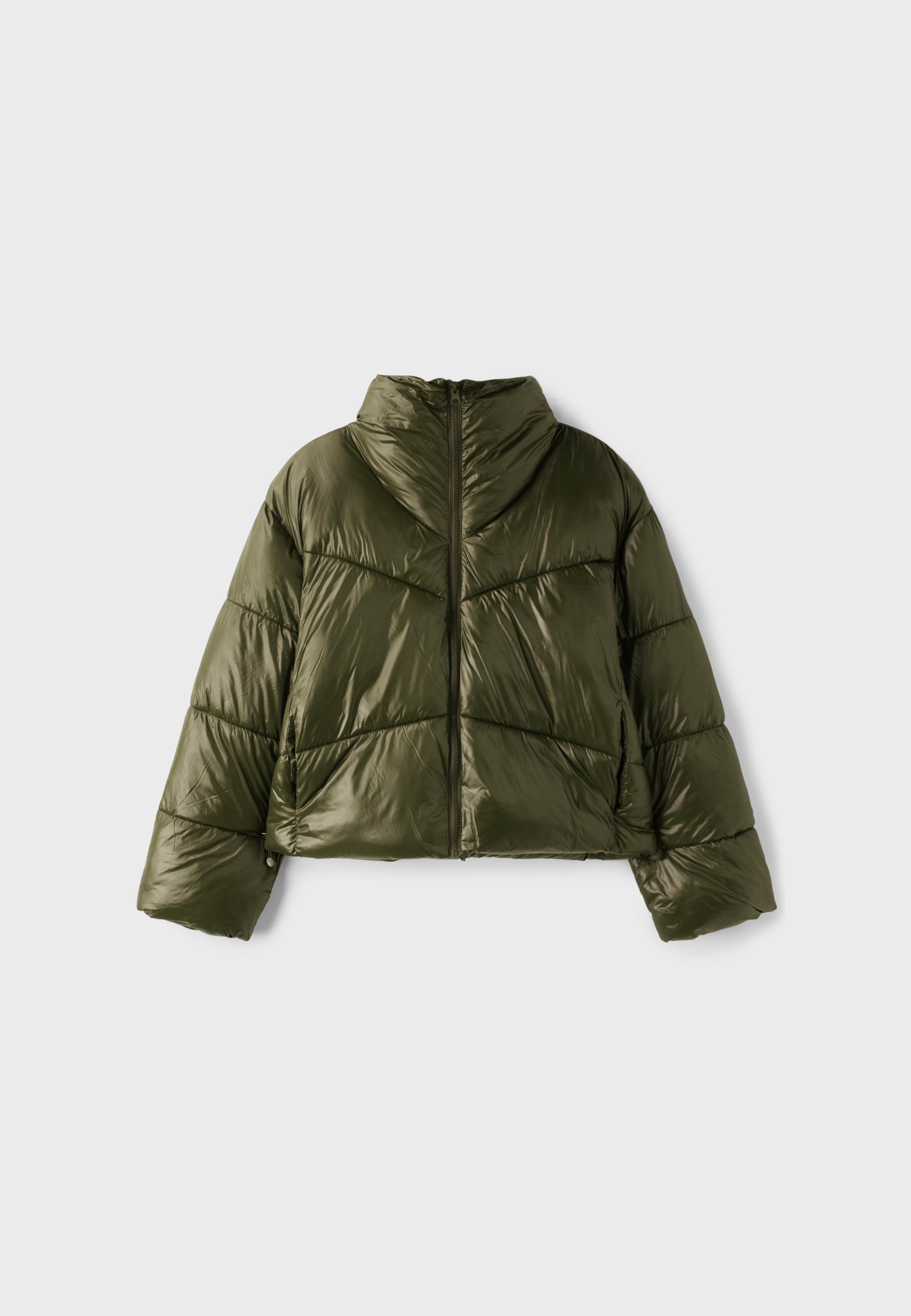 High-neck cropped puffer jacket — Khaki