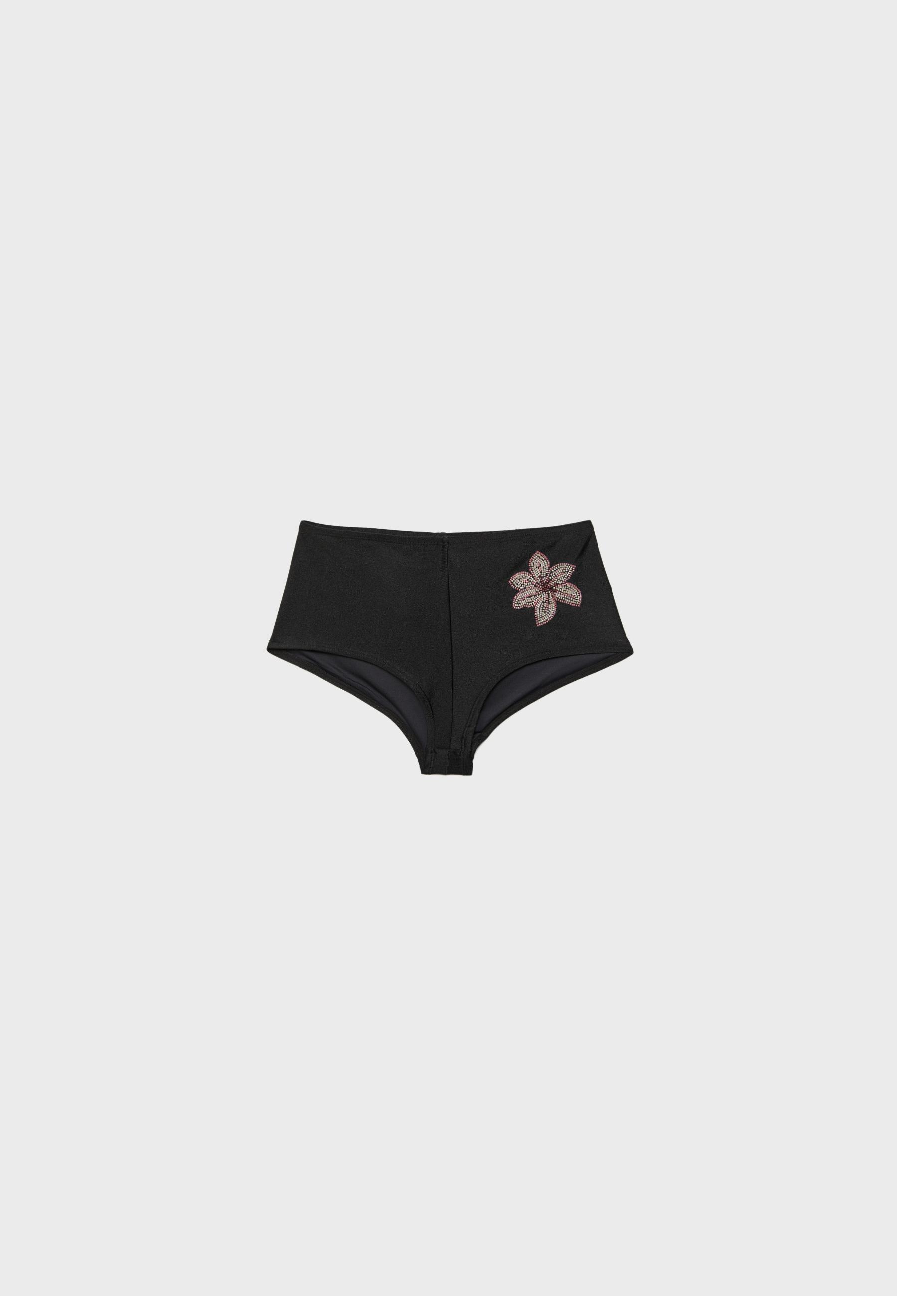 Embroidered flower hotpant bikini bottoms — Black