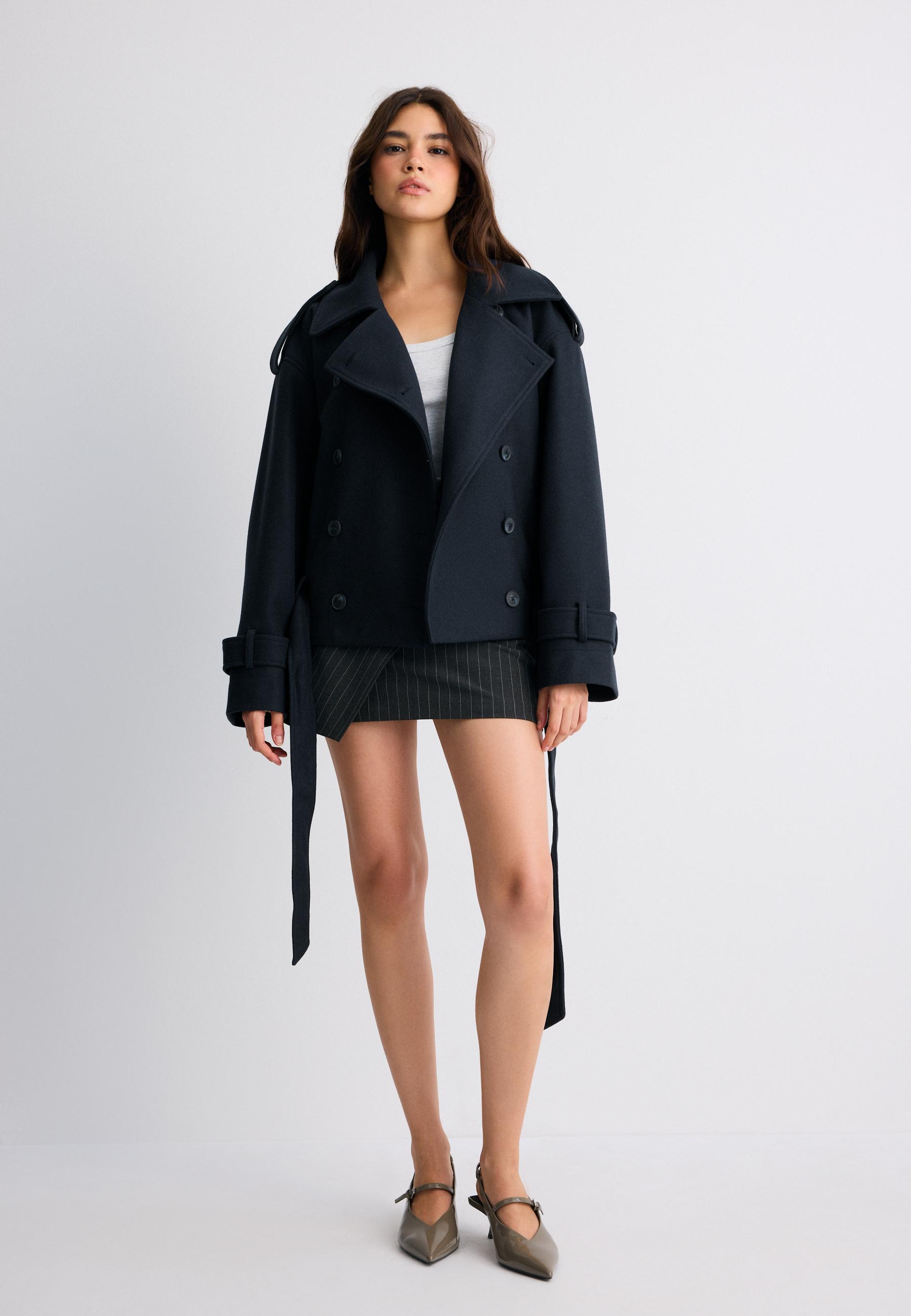 Stradivarius Oversized Trench Με Απαλή Υφή Σκούρο Μπλε S