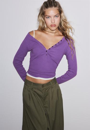 Long sleeve Henley t-shirt — Purple 1