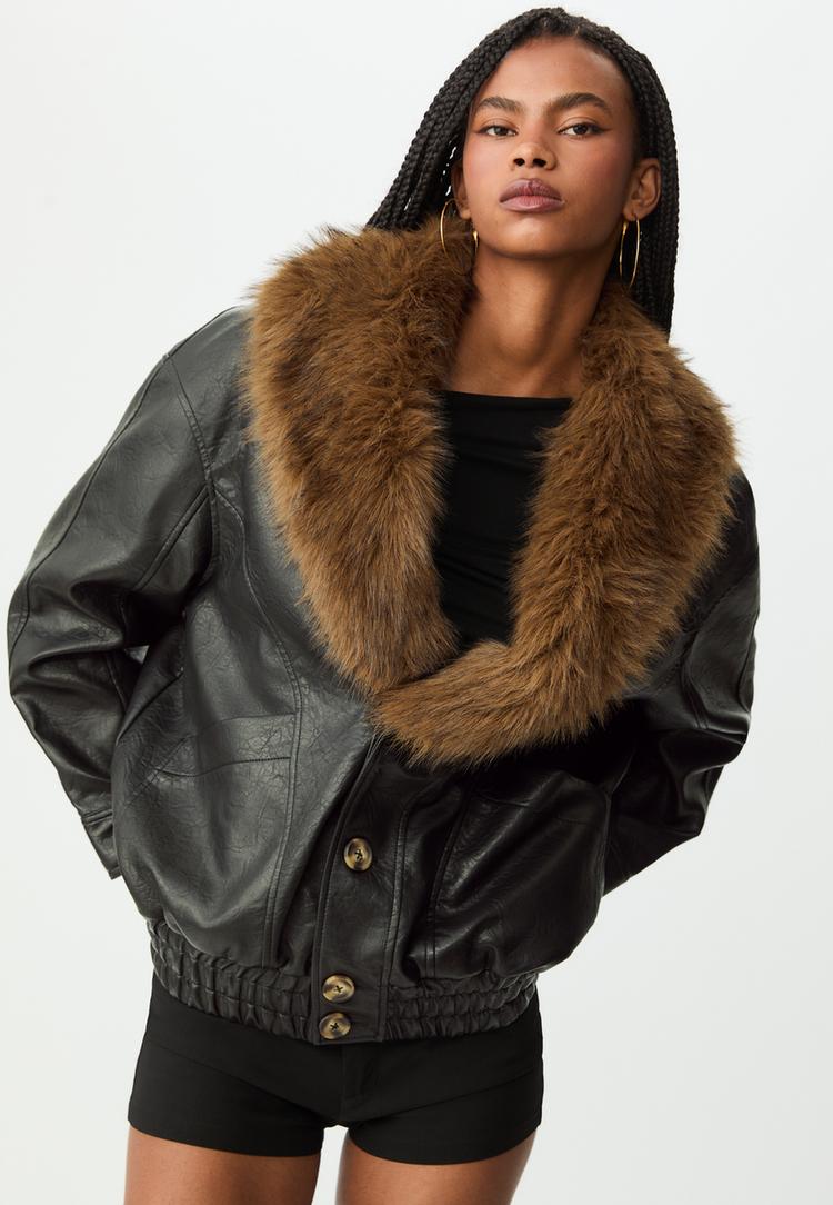 leather effect jacket with contrast collar