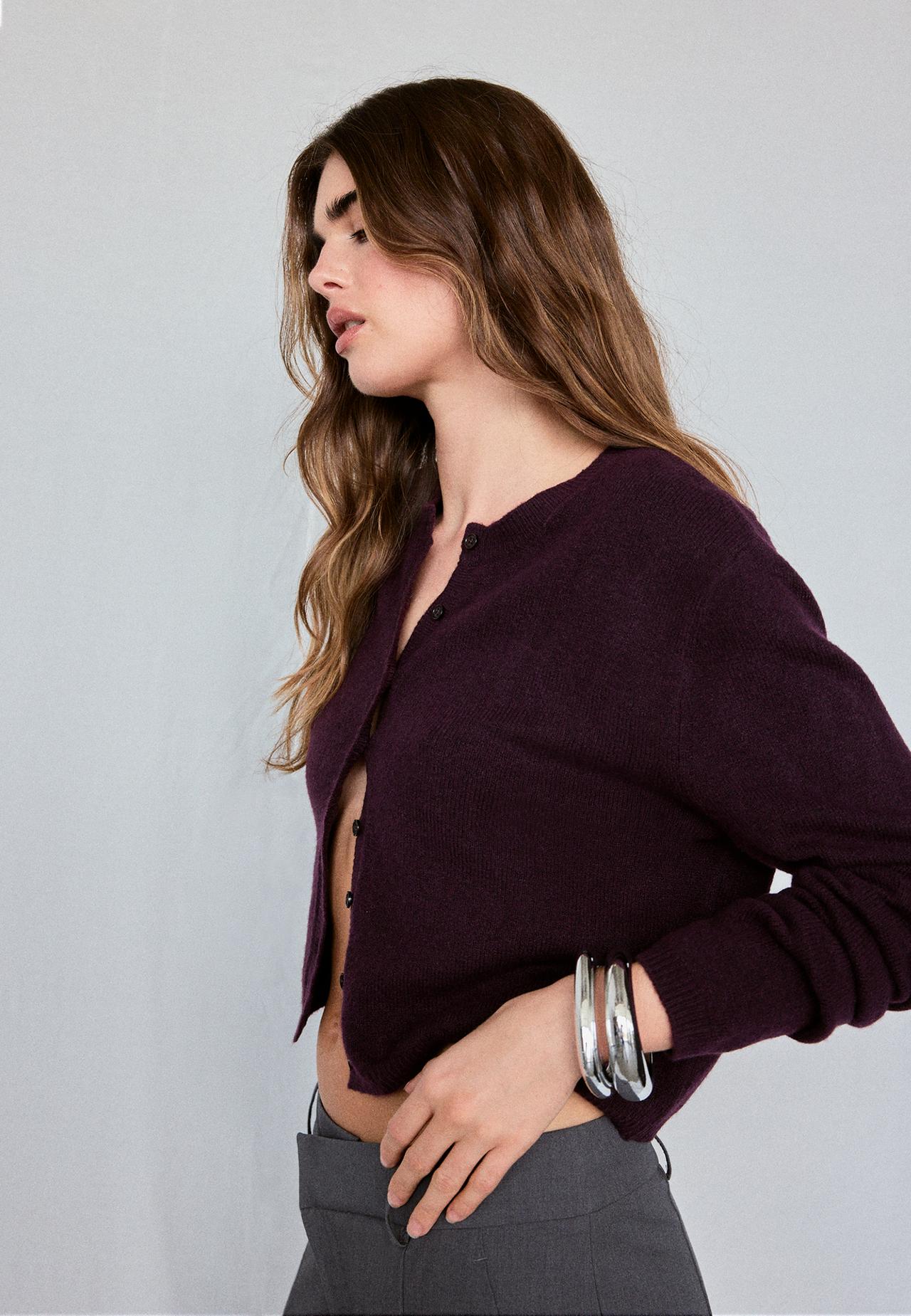 Soft-touch button-up knit cardigan — Purple