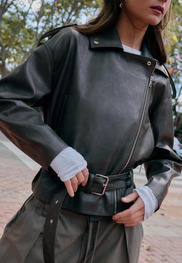 Leather effect biker jacket with belt — Dark grey 3