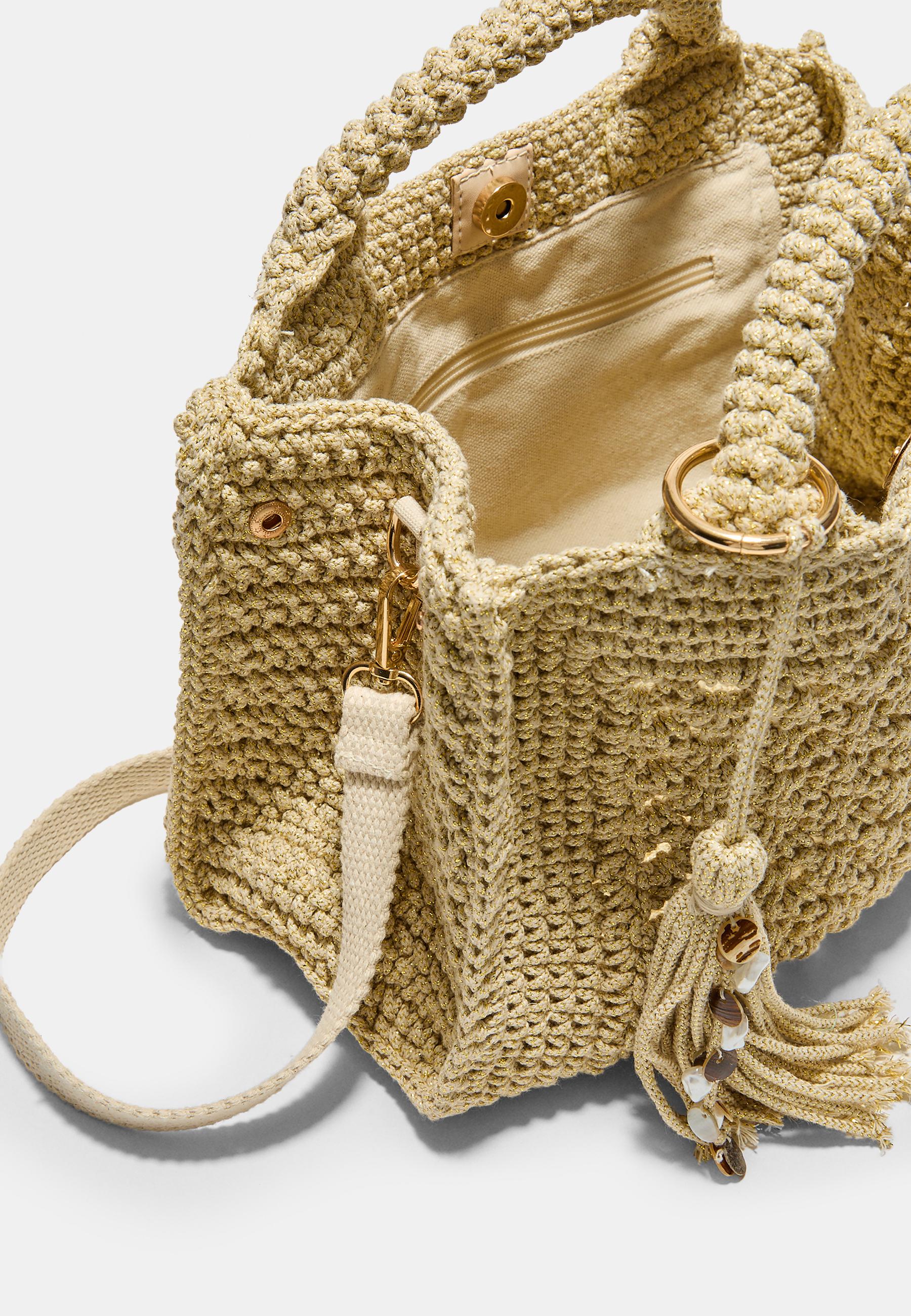 Metallic yarn crochet tote bag — Ecru
