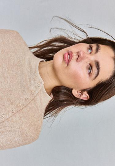 Funnel neck button sweater — Stone 4