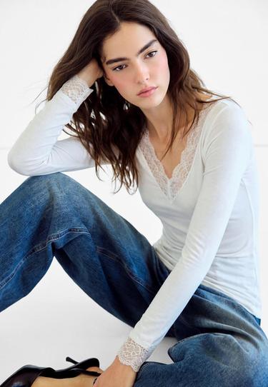 Cashmere V-neck long sleeve T-shirt — Vanilla 7