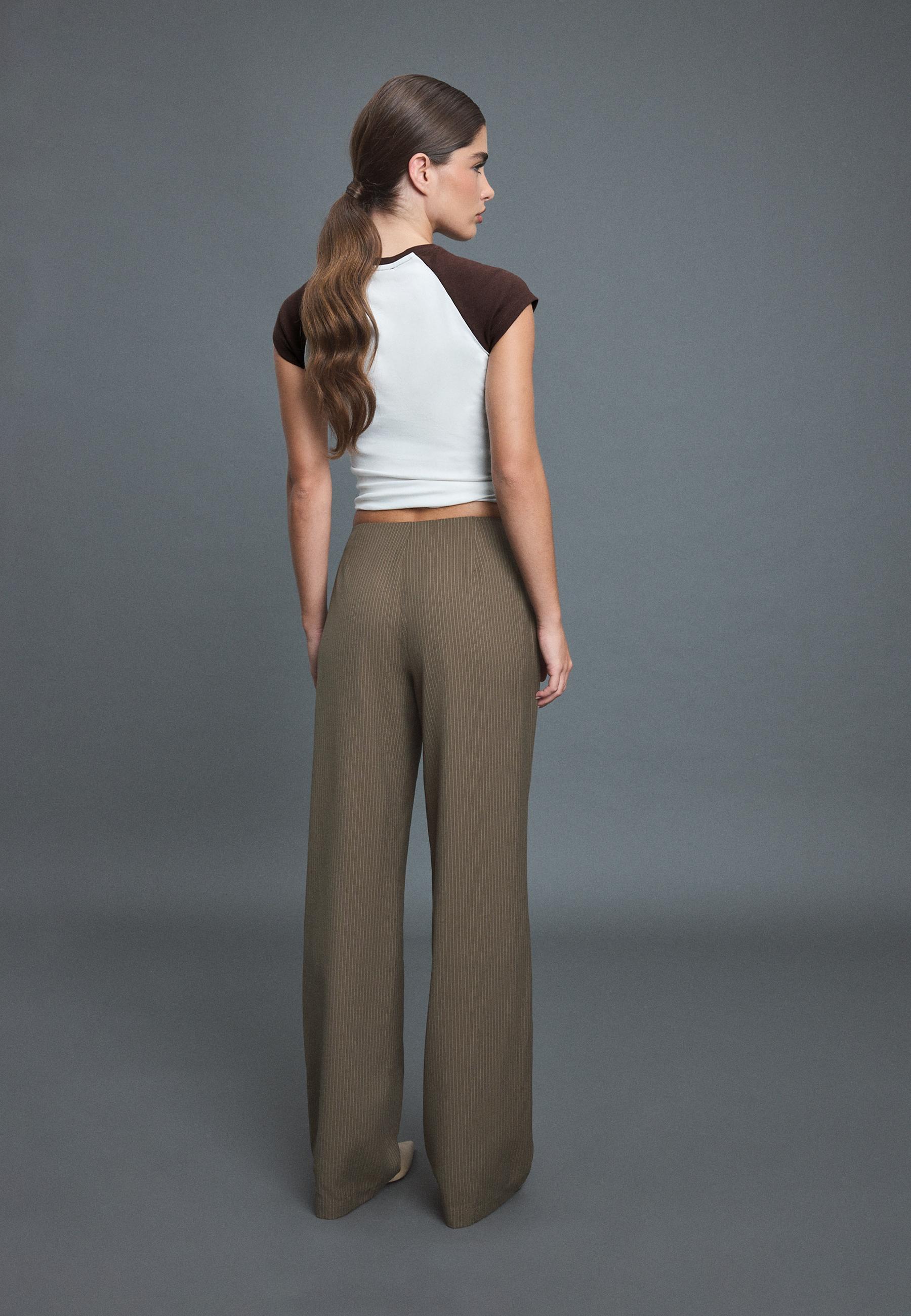 Striped straight-leg trousers with skirt overlay — Khaki