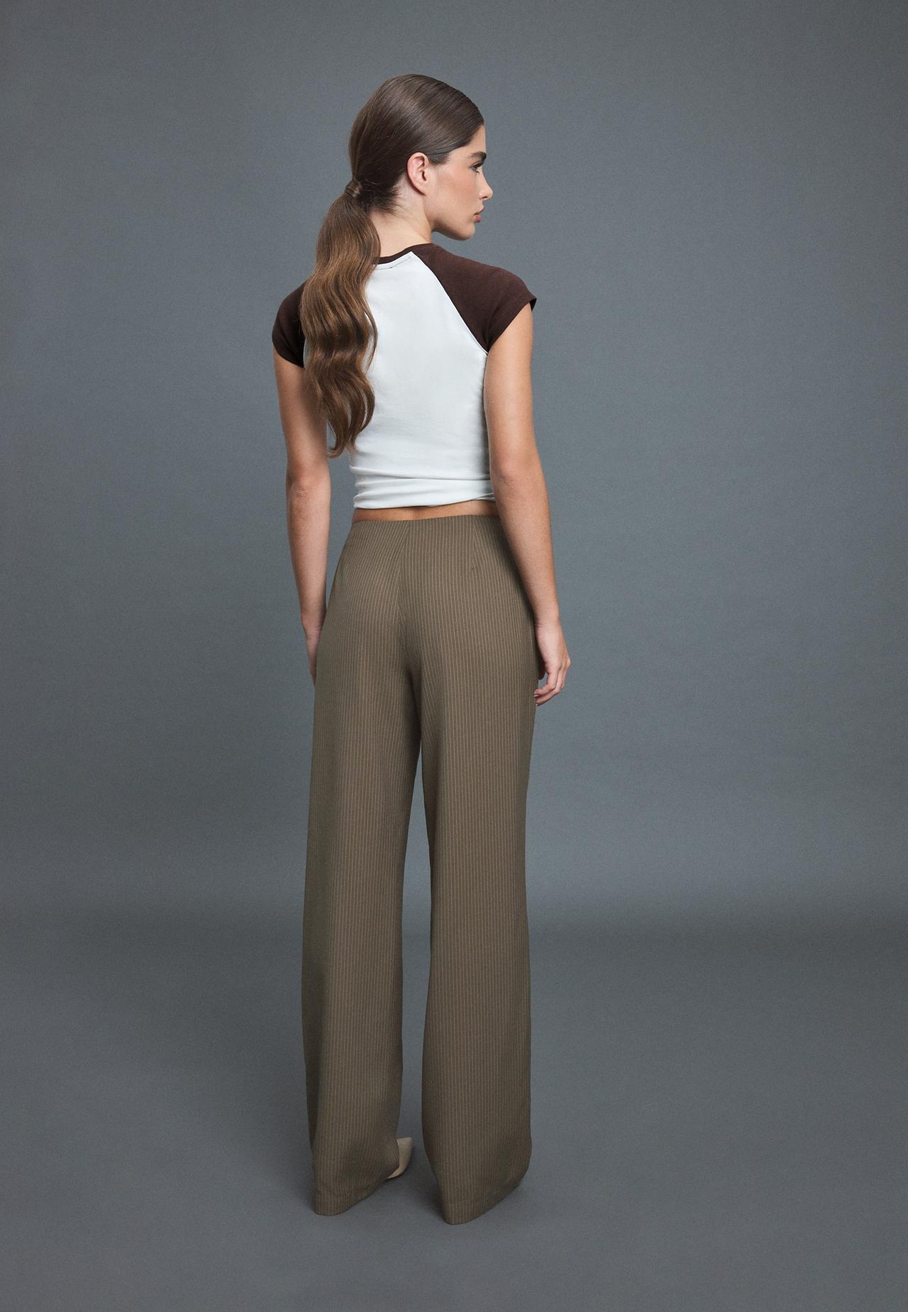 Striped straight-leg trousers with skirt overlay — Khaki