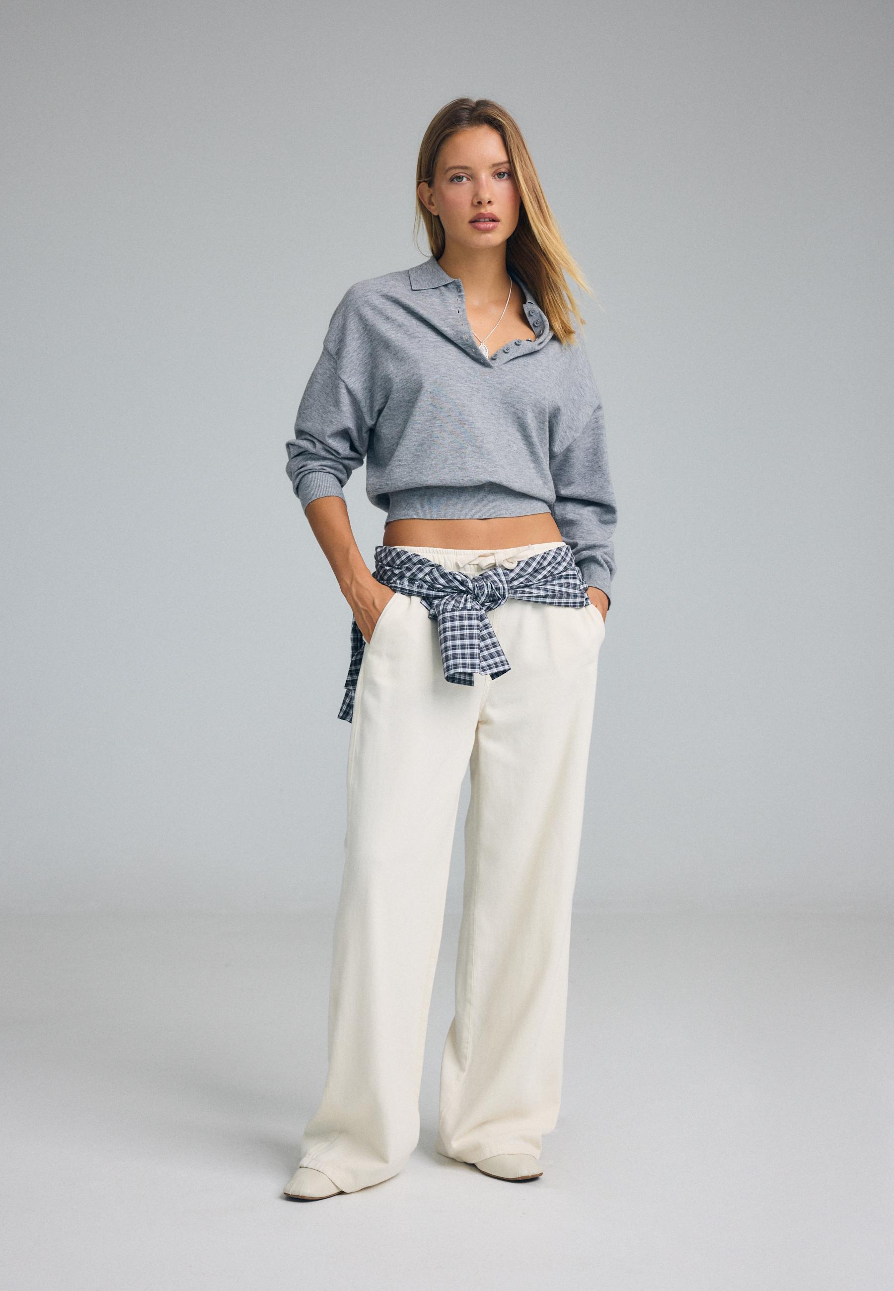 Flowy denim drawstring trousers — Vanilla
