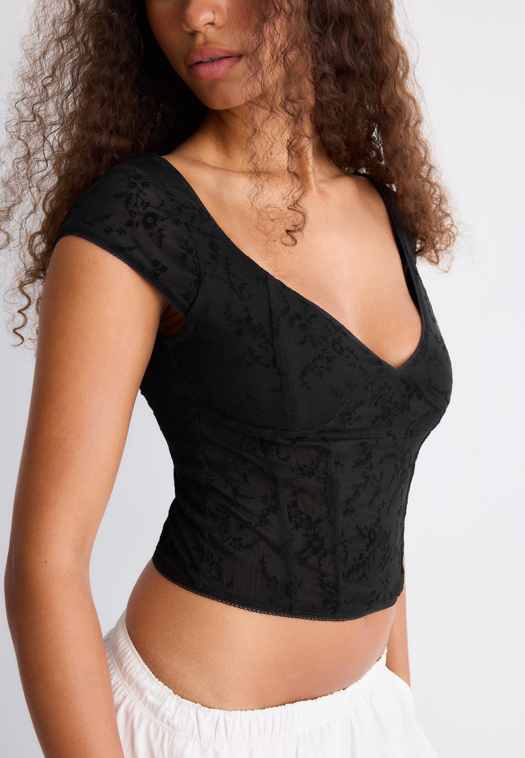 Flocked bodice top — Black