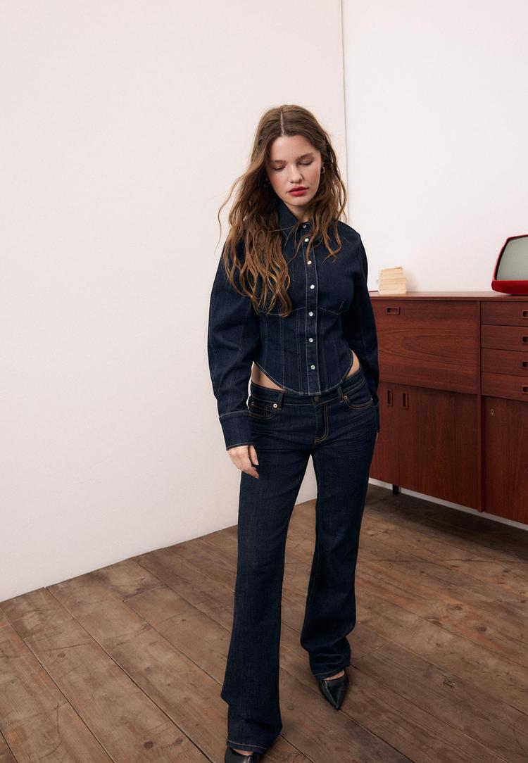 Stradivarius Cămașă Din Denim Tip Corset Efect Prespălat Denim Overdyed L