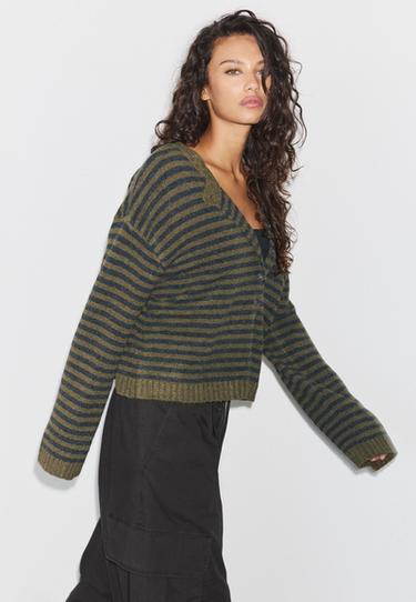 Striped knit cardigan — Khaki 1
