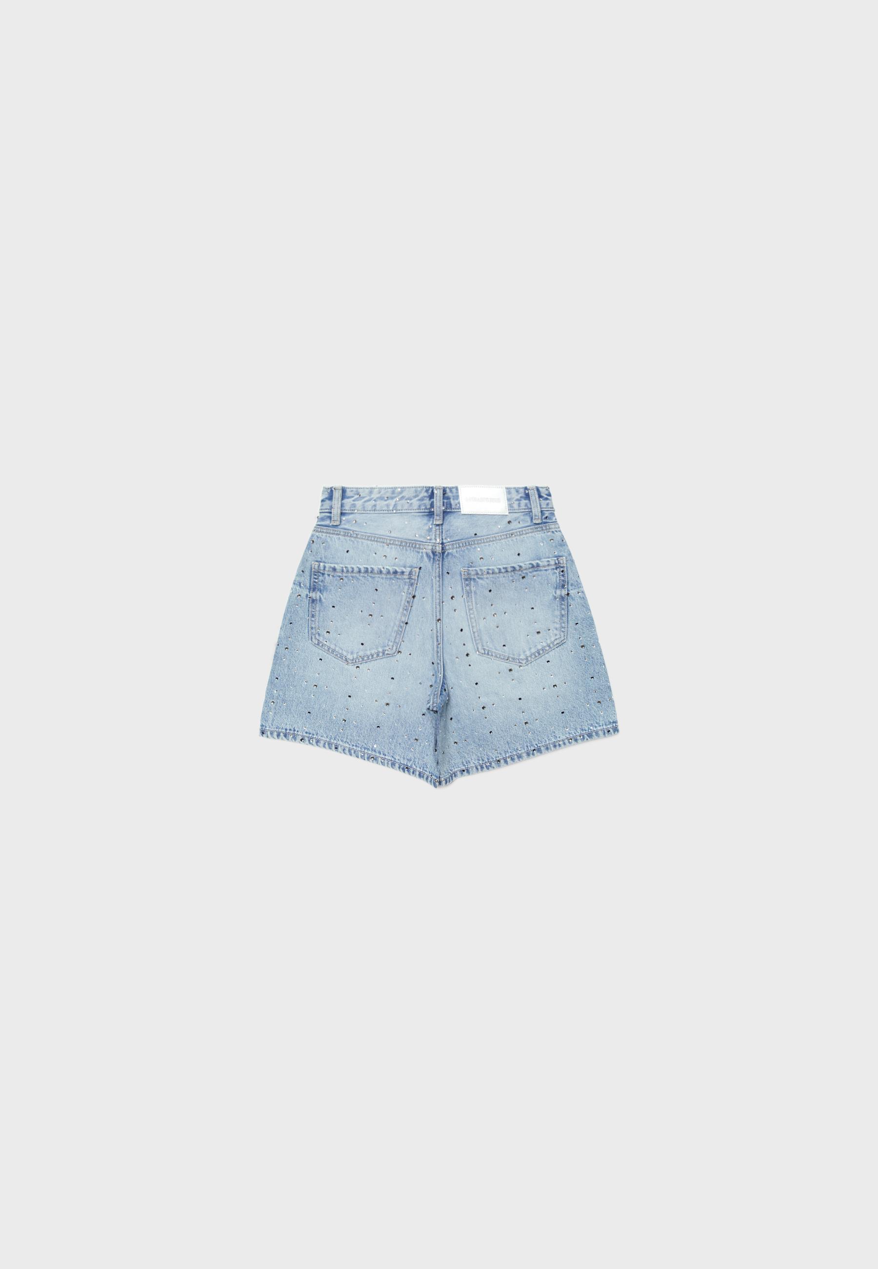 Denim Bermuda shorts with rhinestones — MEDIUM LIGHT BLUE DENIM