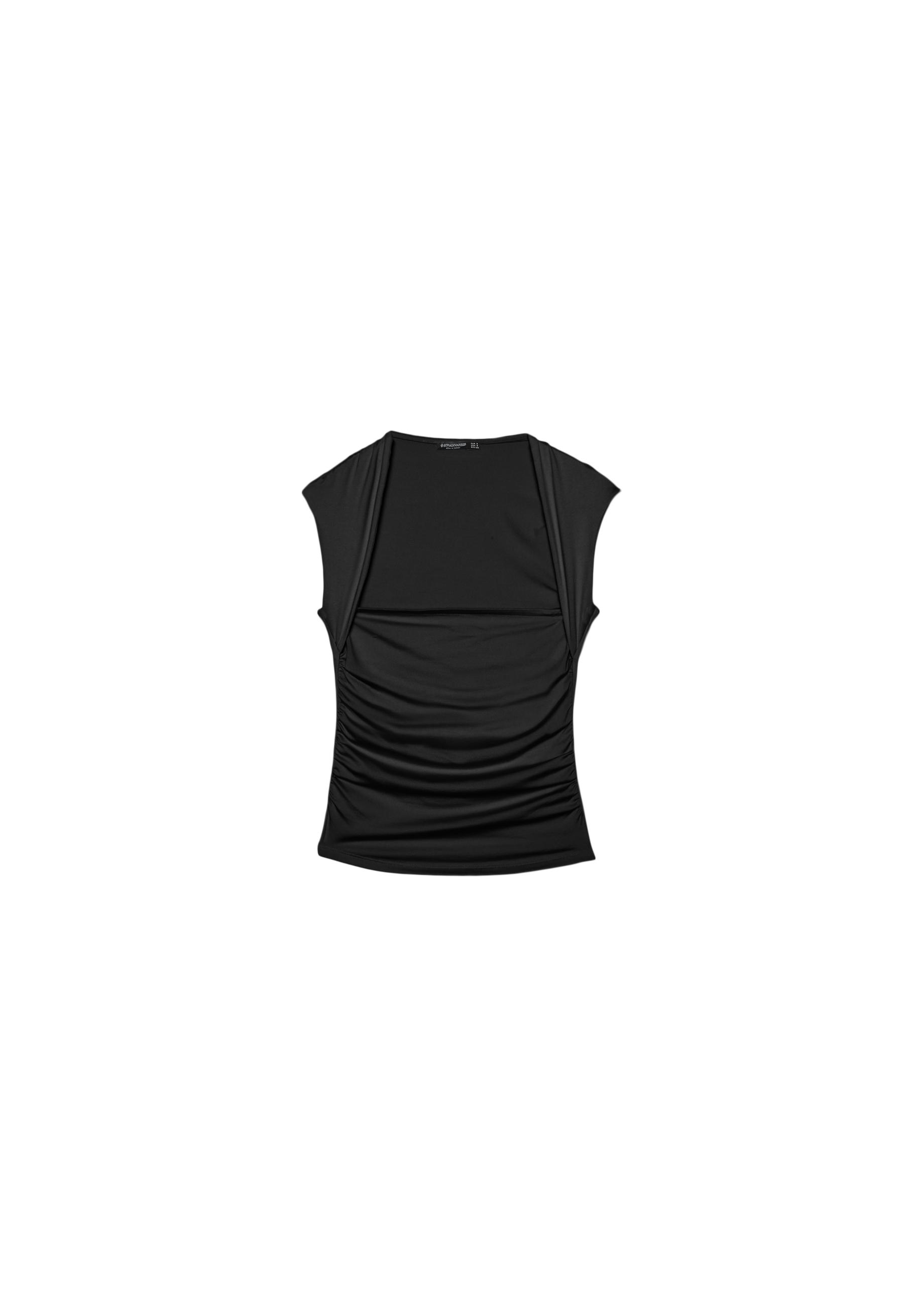 Polyamide Ruched Square Neck T-Shirt — Black