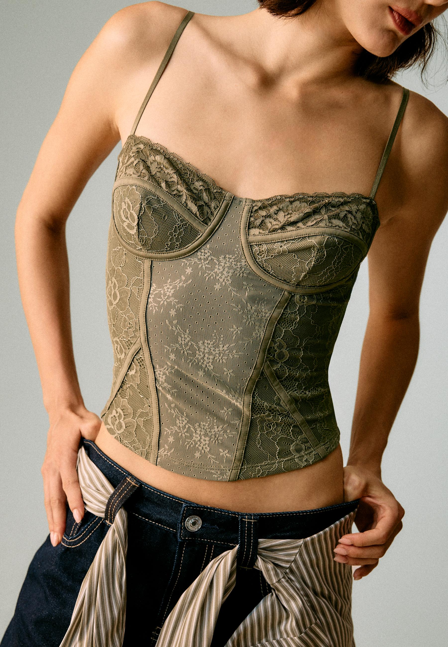 Lace corsetry-inspired top — Khaki