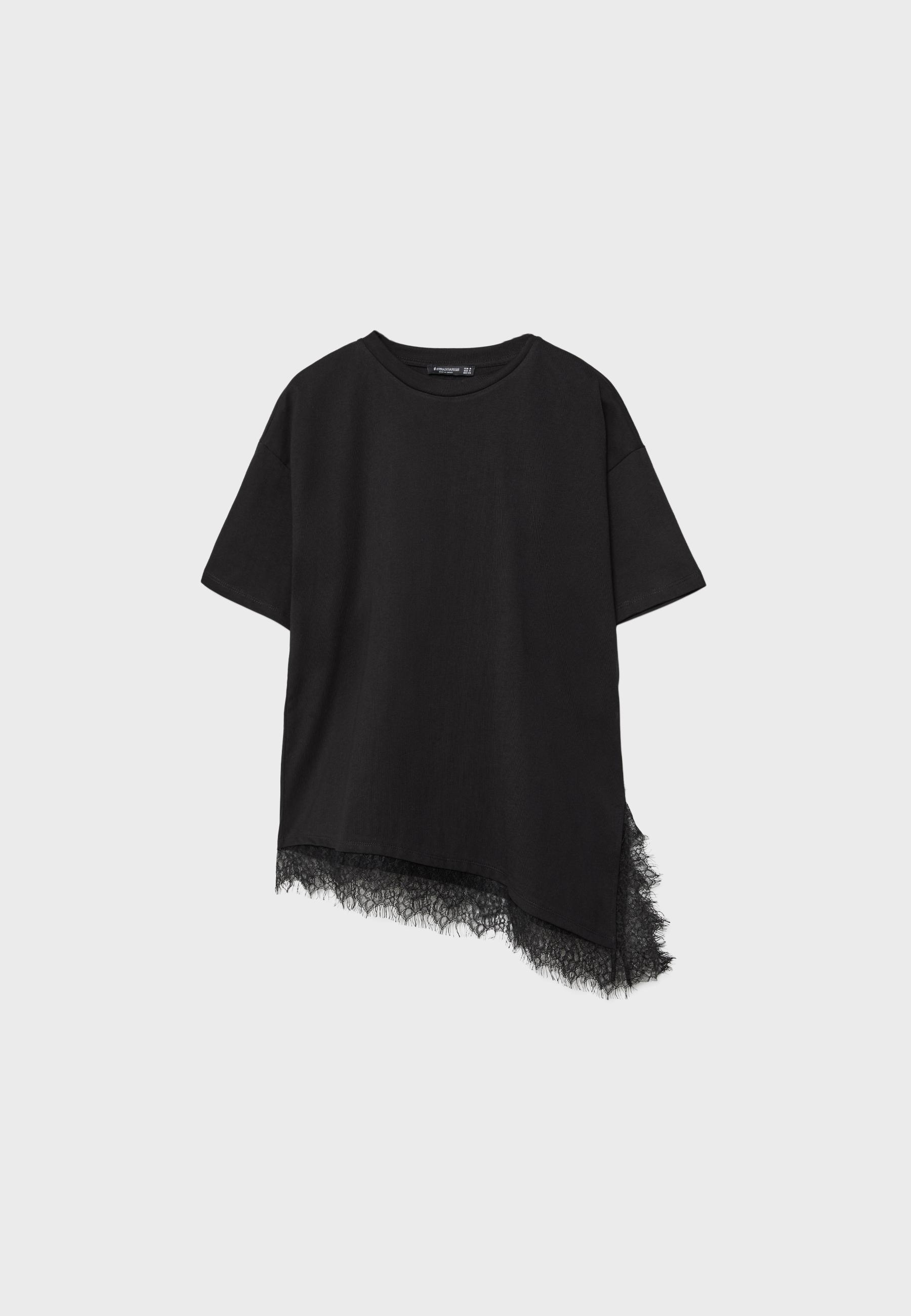 Short sleeve T-shirt with lace hem — Black