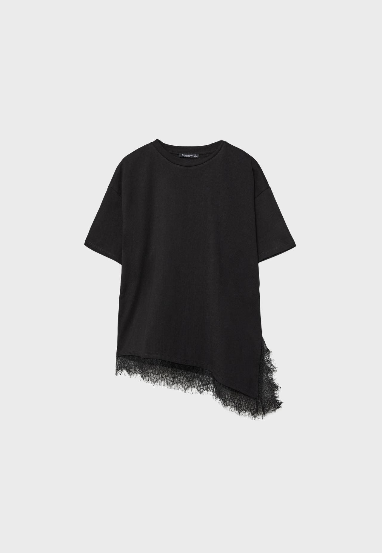 Short sleeve T-shirt with lace hem — Black