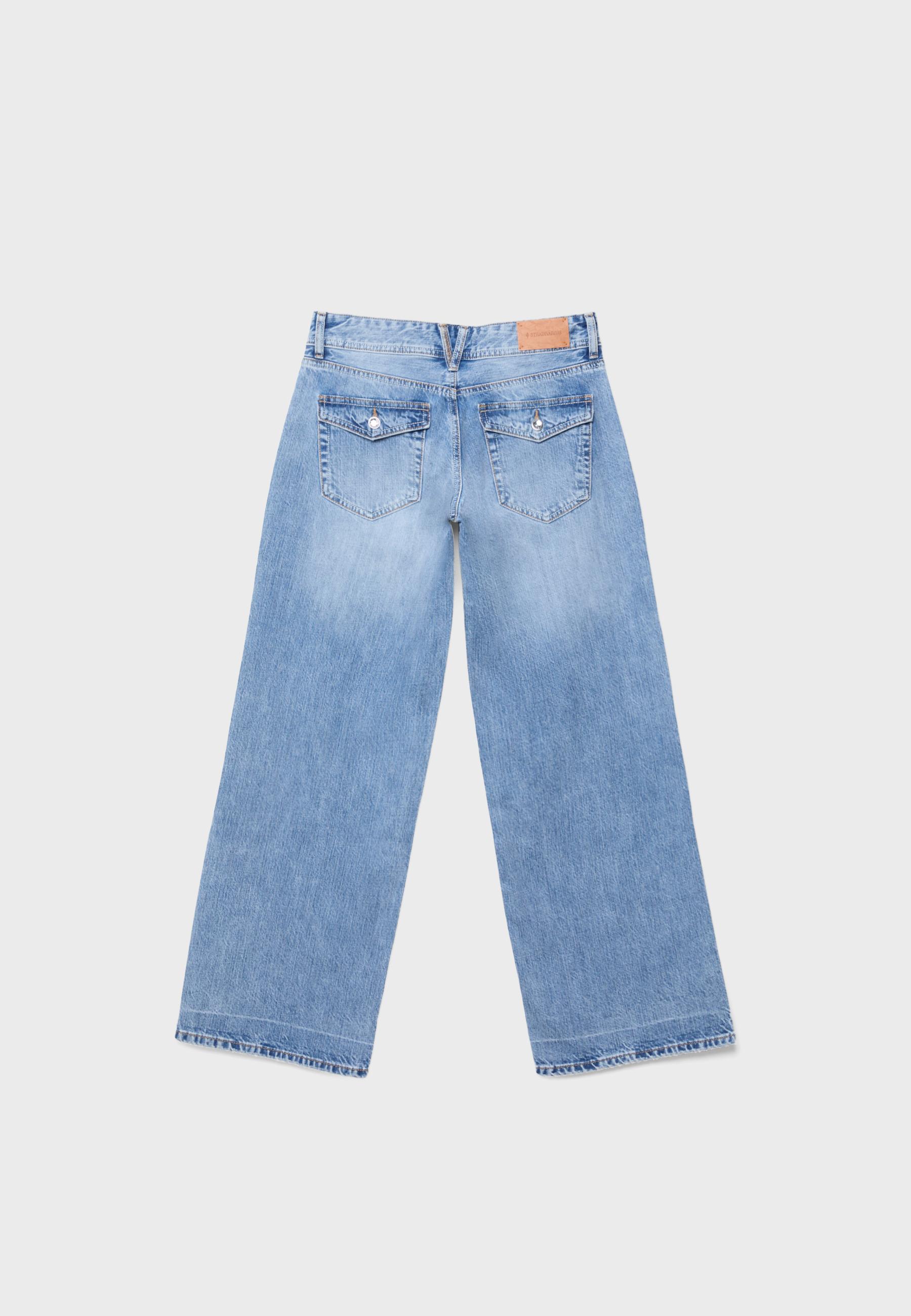 Low-rise wide-leg jeans with jewel button — MEDIUM LIGHT BLUE DENIM