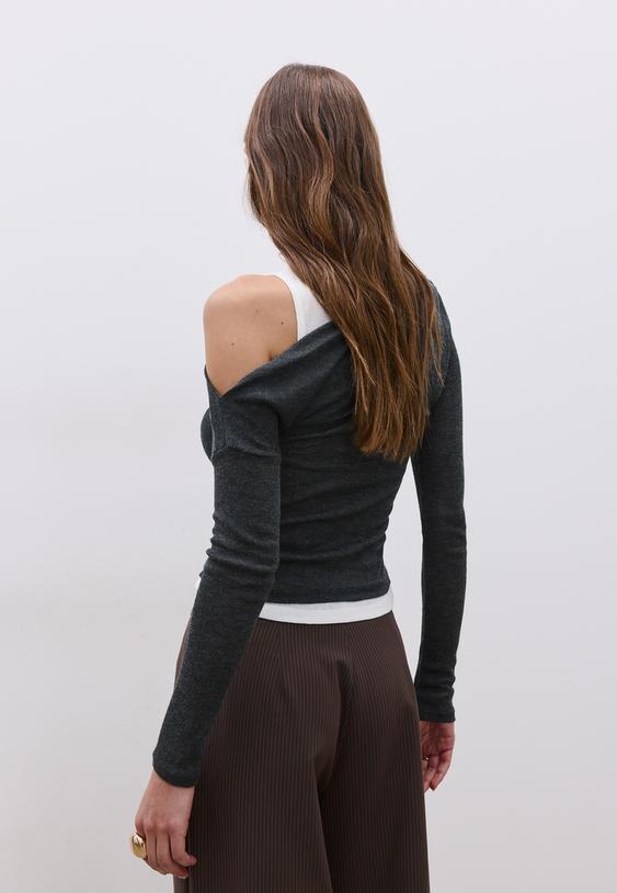 Stradivarius Asymmetric Double T-Shirt Dark Grey S