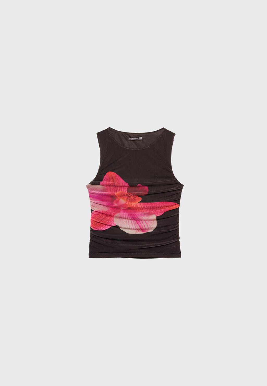 Top en tulle à motif hibiscus